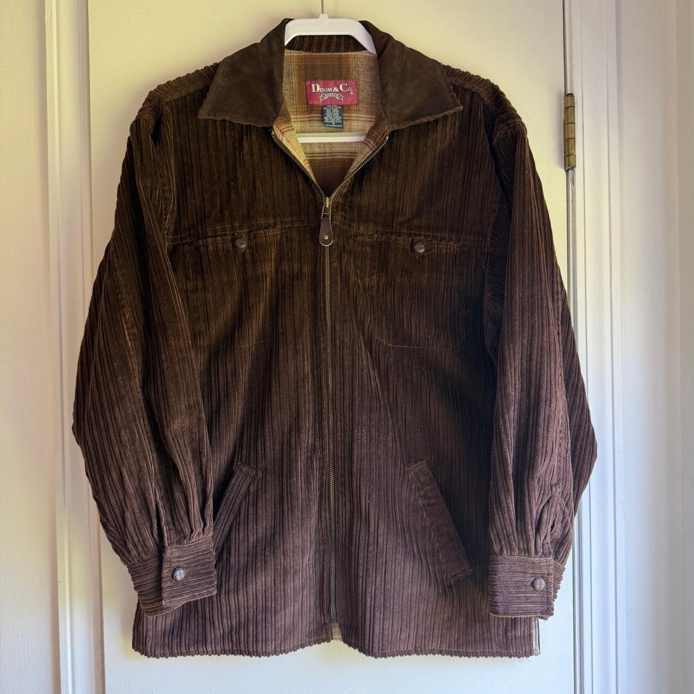Denim & Co Brown Corduroy Full Zip Jacket Plaid Flannel Lined Leather Trim Small